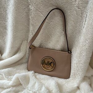 Michael Kors Beige Leather Shoulder Bag with Gold Logo
